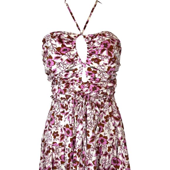 Jason WU Halter Strapless Floral Smocked Midi Dress in Pink Brown Women's Small - Picture 2 of 15